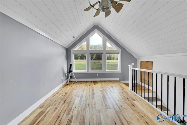 additional living space featuring ceiling fan, wooden ceiling, lofted ceiling, and light wood-type flooring