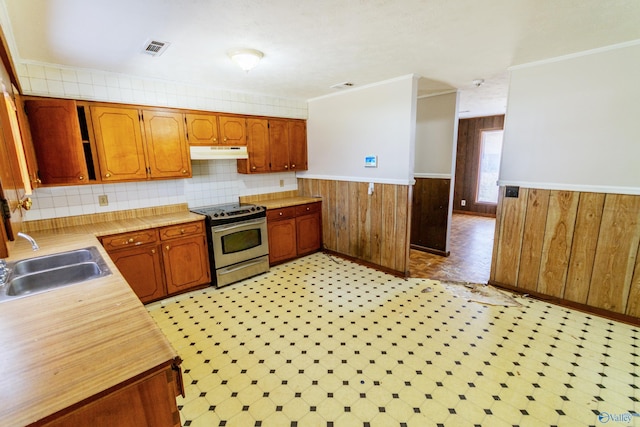 kitchen with stainless steel electric stove, wooden walls, sink, decorative backsplash, and ornamental molding