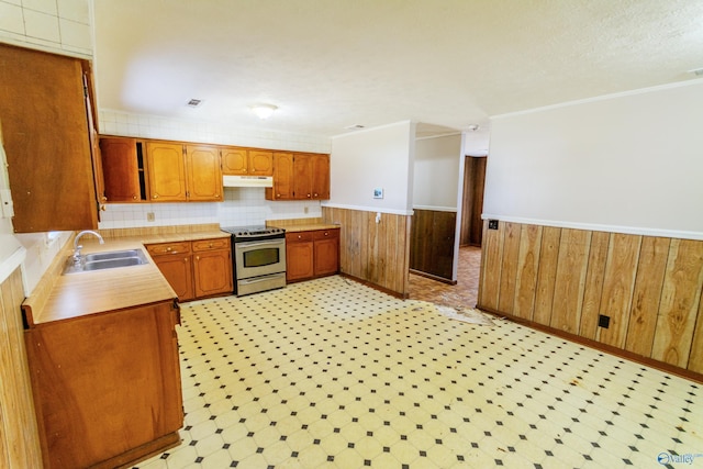 kitchen featuring sink, crown molding, stainless steel range with electric stovetop, a textured ceiling, and wooden walls