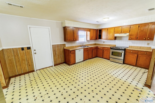 kitchen with sink, wooden walls, stainless steel range with electric cooktop, and dishwasher