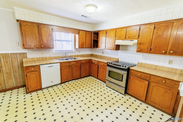 kitchen featuring sink, wooden walls, dishwasher, electric stove, and decorative backsplash