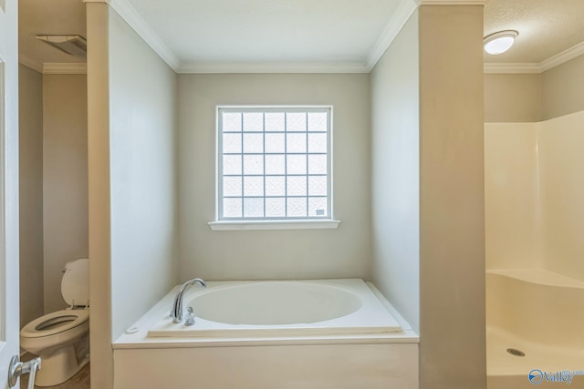 bathroom featuring separate shower and tub, crown molding, and toilet