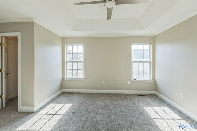 carpeted spare room with ornamental molding, a wealth of natural light, and a tray ceiling