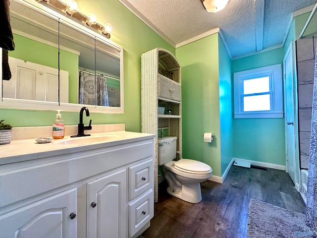 full bathroom with vanity, a textured ceiling, wood-type flooring, shower / bathtub combination with curtain, and toilet