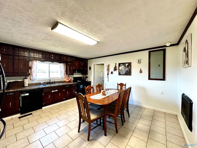 dining space with sink, electric panel, crown molding, a textured ceiling, and light tile patterned floors