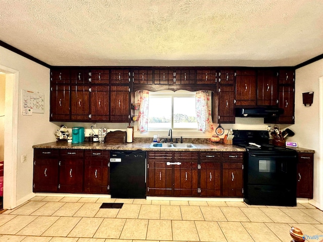 kitchen with exhaust hood, black appliances, sink, light tile patterned floors, and a textured ceiling