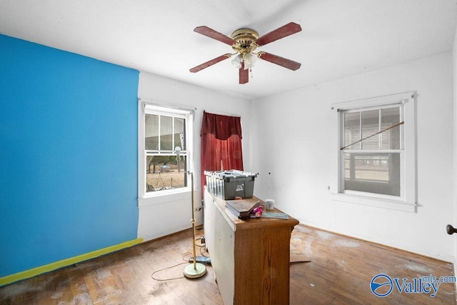 unfurnished office featuring ceiling fan and dark hardwood / wood-style flooring