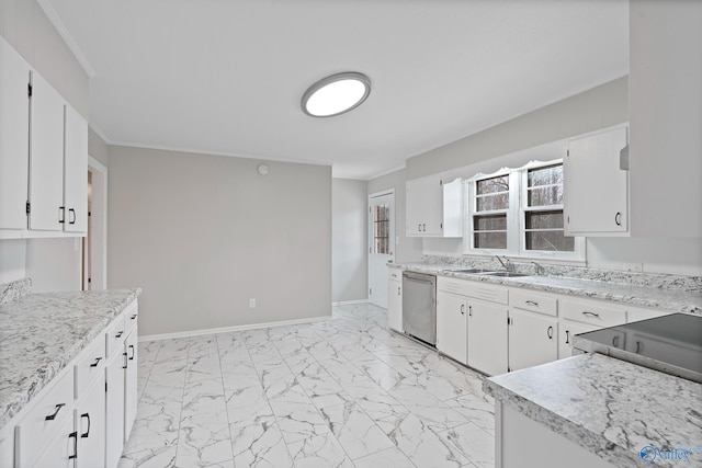 kitchen with ornamental molding, sink, stainless steel dishwasher, and white cabinets