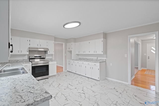 kitchen featuring white cabinetry, stainless steel electric range oven, sink, and crown molding