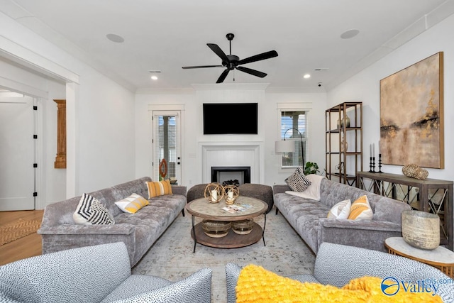 living room with ceiling fan, ornamental molding, and wood-type flooring