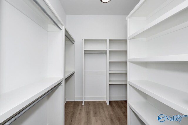 walk in closet with light hardwood / wood-style floors