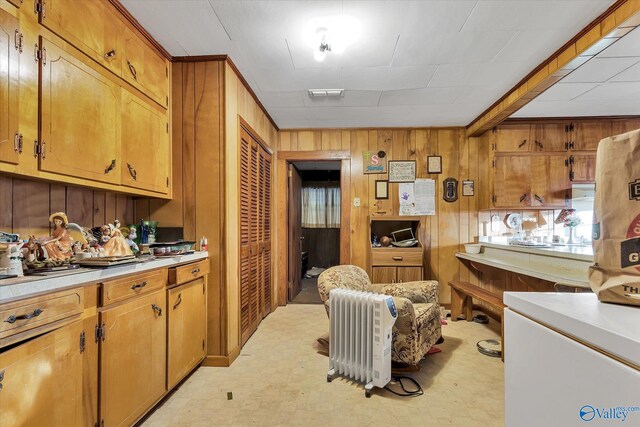 kitchen with wood walls and radiator heating unit