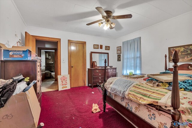 bedroom featuring ceiling fan and crown molding