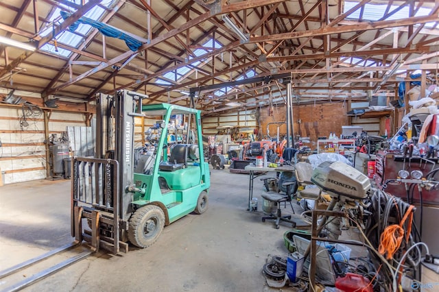 garage with a workshop area