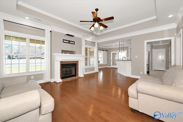 living room with a raised ceiling, ceiling fan, crown molding, and dark wood-type flooring