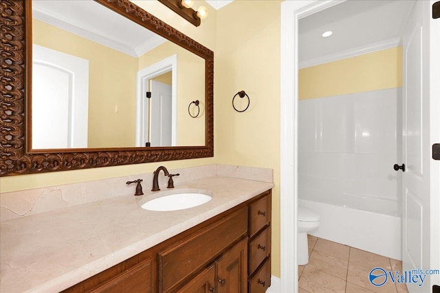 bathroom featuring toilet, vanity, tile patterned floors, and crown molding