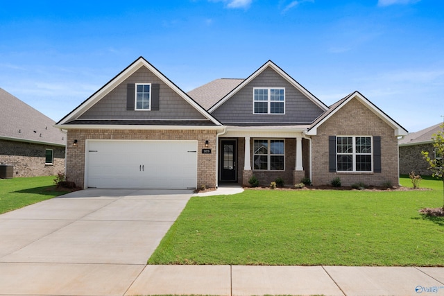 craftsman house featuring concrete driveway, a front lawn, brick siding, and central air condition unit