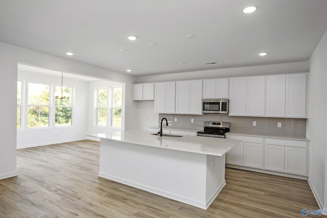 kitchen featuring a kitchen island with sink, white cabinets, sink, decorative backsplash, and appliances with stainless steel finishes