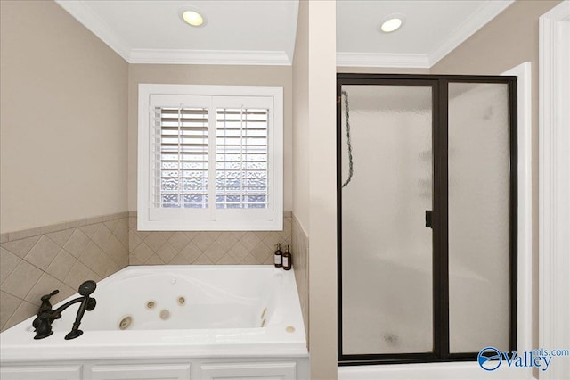 bathroom featuring independent shower and bath and crown molding