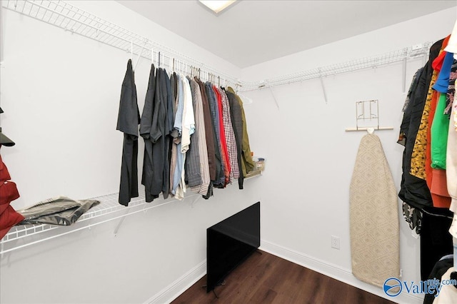 walk in closet featuring dark wood-type flooring