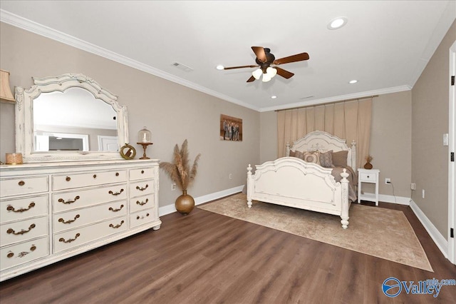 bedroom with ceiling fan, dark wood-type flooring, and crown molding