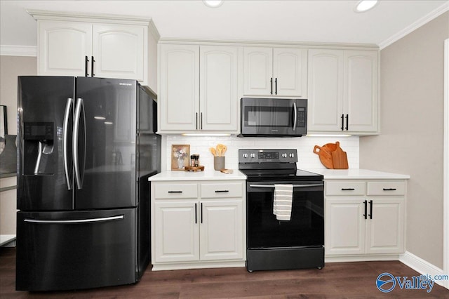 kitchen featuring white cabinetry, electric range, refrigerator with ice dispenser, and tasteful backsplash