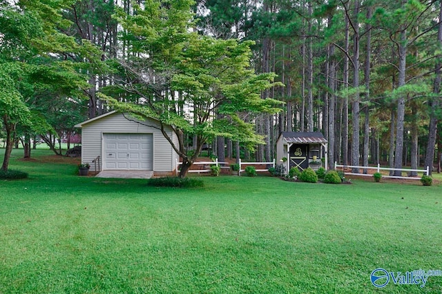view of yard featuring a garage, a storage unit, and an outdoor structure