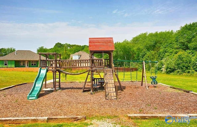 view of jungle gym featuring a yard