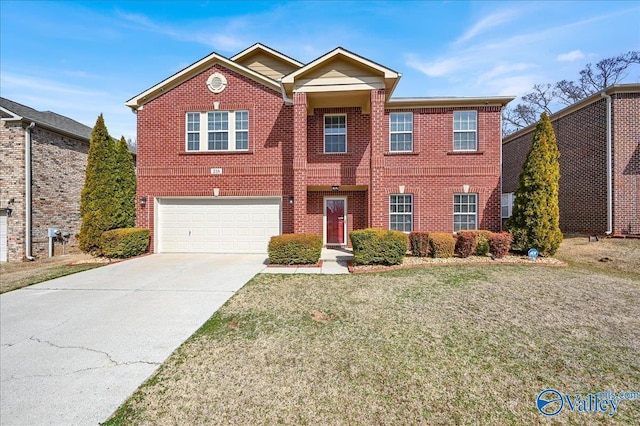 view of front of house with a garage, concrete driveway, brick siding, and a front yard