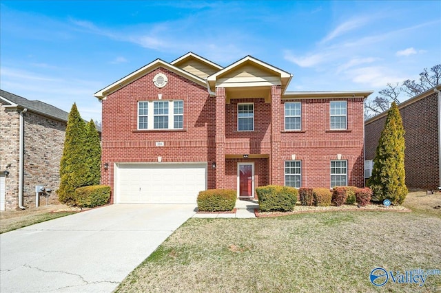 view of front facade featuring a garage, brick siding, driveway, and a front lawn