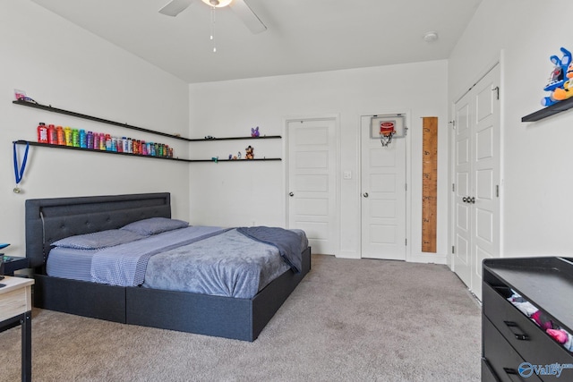 bedroom featuring carpet flooring and ceiling fan