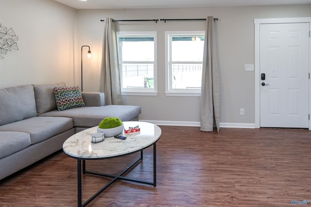 living area with baseboards and wood finished floors