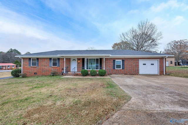 ranch-style house with a porch, a garage, and a front lawn