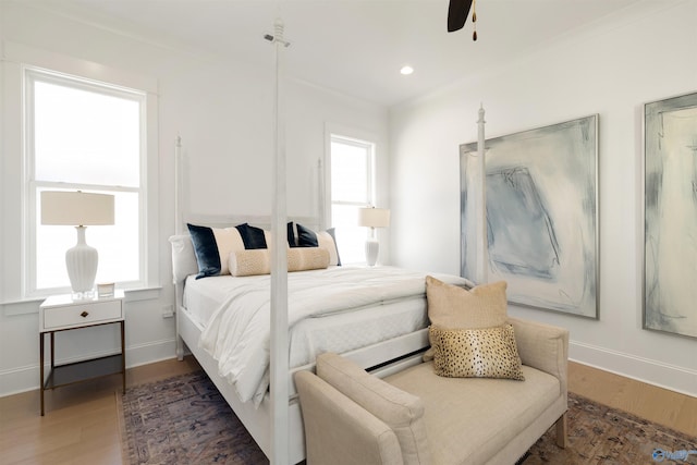 bedroom featuring ceiling fan and dark hardwood / wood-style flooring