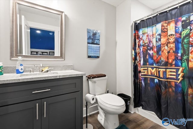 bathroom with wood-type flooring, a shower with curtain, vanity, and toilet