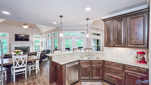 10 Verdant Cir SE, Huntsville, AL 35803 - kitchen with stainless steel dishwasher, a sink, crown molding, a peninsula, and ceiling fan