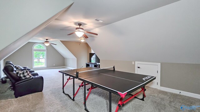 10 Verdant Cir SE, Huntsville, AL 35803 - playroom with carpet flooring, vaulted ceiling, ceiling fan, and baseboards