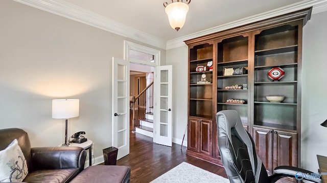 10 Verdant Cir SE, Huntsville, AL 35803 - office with dark wood-type flooring, ornamental molding, baseboards, and french doors