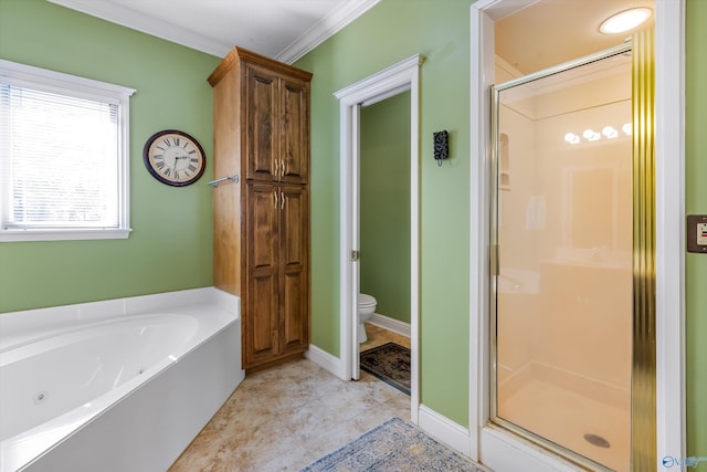 full bath featuring a garden tub, toilet, a stall shower, crown molding, and baseboards