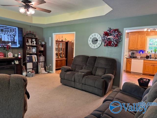 117 Simmons Cir, Fayetteville, TN 37334 - living room with a ceiling fan, light carpet, and a tray ceiling