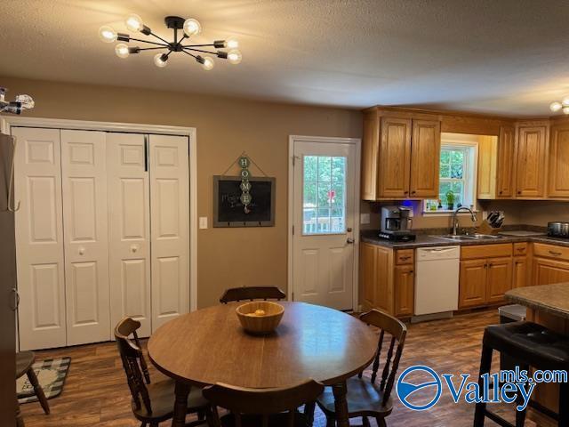 117 Simmons Cir, Fayetteville, TN 37334 - kitchen with white dishwasher, a chandelier, a sink, dark countertops, and dark wood-style flooring