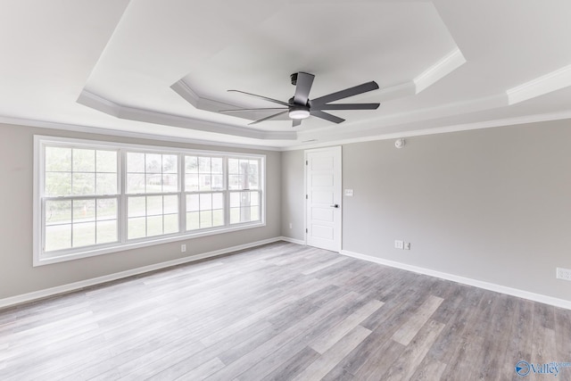 spare room featuring a wealth of natural light, a tray ceiling, wood finished floors, and a ceiling fan