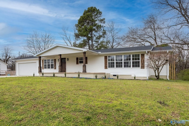 single story home featuring covered porch, a front yard, and a garage
