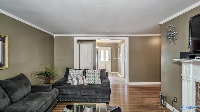 living room featuring crown molding and hardwood / wood-style floors