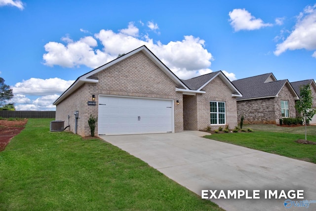 view of front of house featuring central AC, a garage, and a front lawn