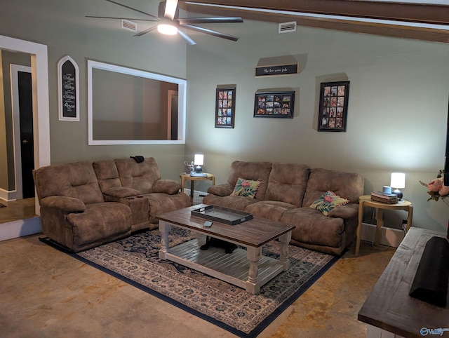 living room featuring ceiling fan and lofted ceiling