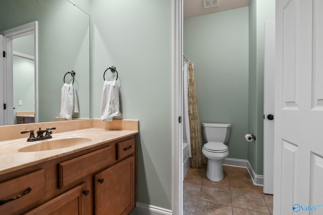 full bath featuring tile patterned flooring, visible vents, baseboards, toilet, and vanity