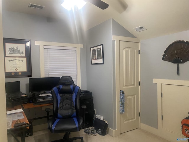 carpeted office featuring a ceiling fan, visible vents, and baseboards