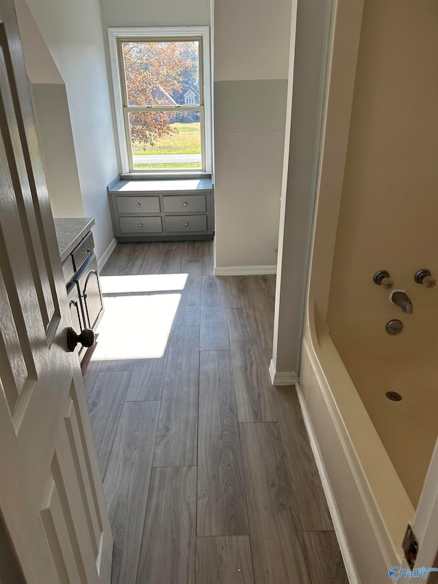 bathroom with hardwood / wood-style floors