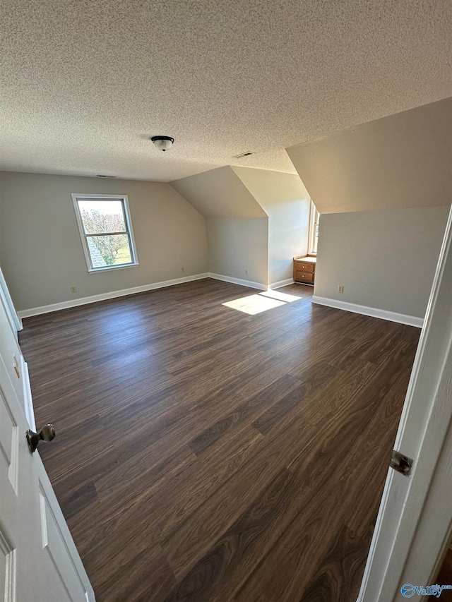 additional living space featuring a textured ceiling, lofted ceiling, and dark wood-type flooring